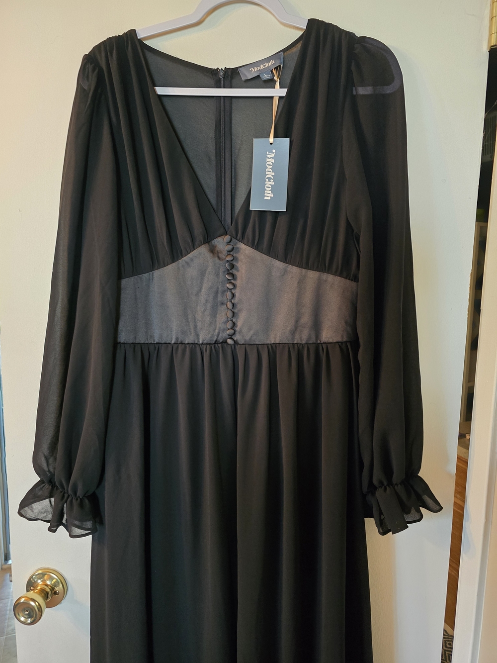 Modcloth Black Long-Sleeve V-Neck Midi Dress with Button-Front Waist